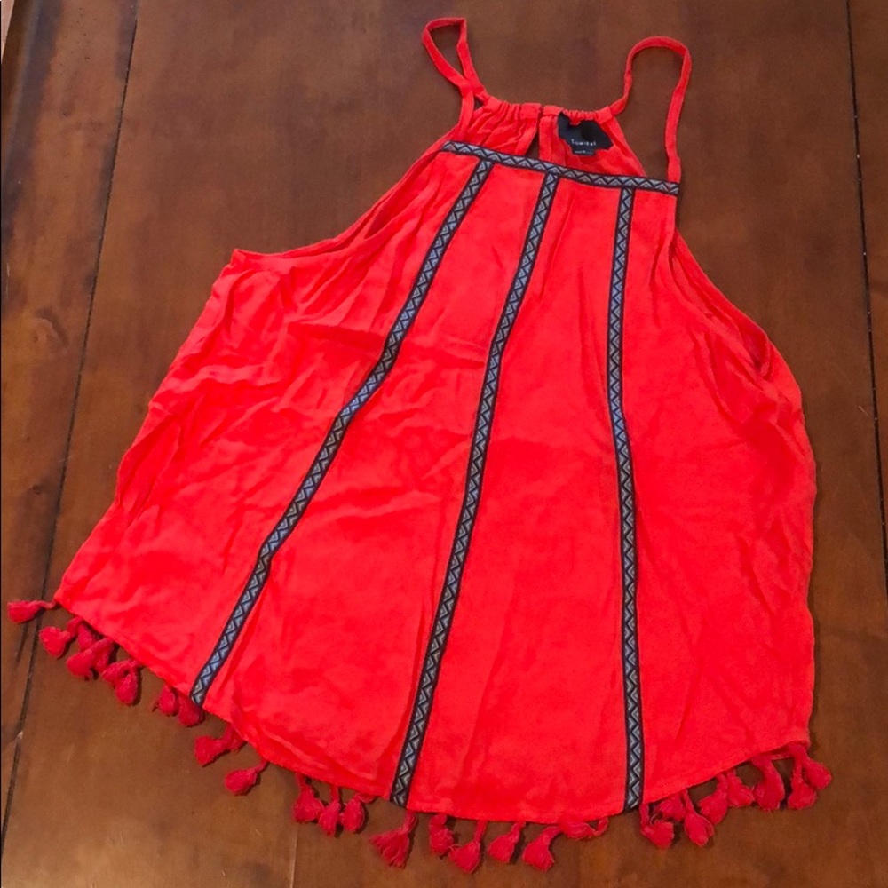 Lumiere Red Fringed Embroidered Tank Button Back